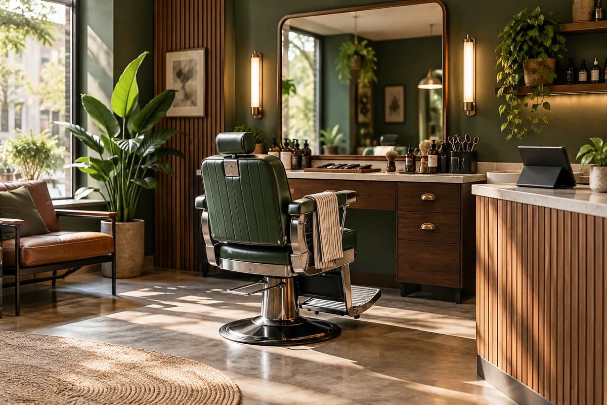Illustrative unnamed barber shop with a chair and reception tablet