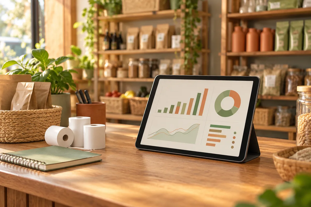 Illustrative tablet, notebook and receipt rolls on a small shop counter