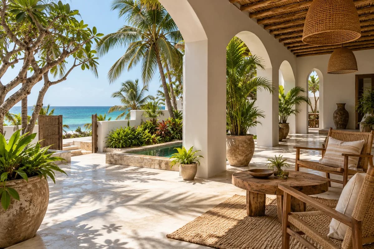 Illustrative unnamed coastal accommodation courtyard