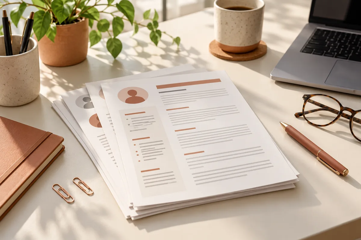 Illustrative recruitment desk with sample resume layouts