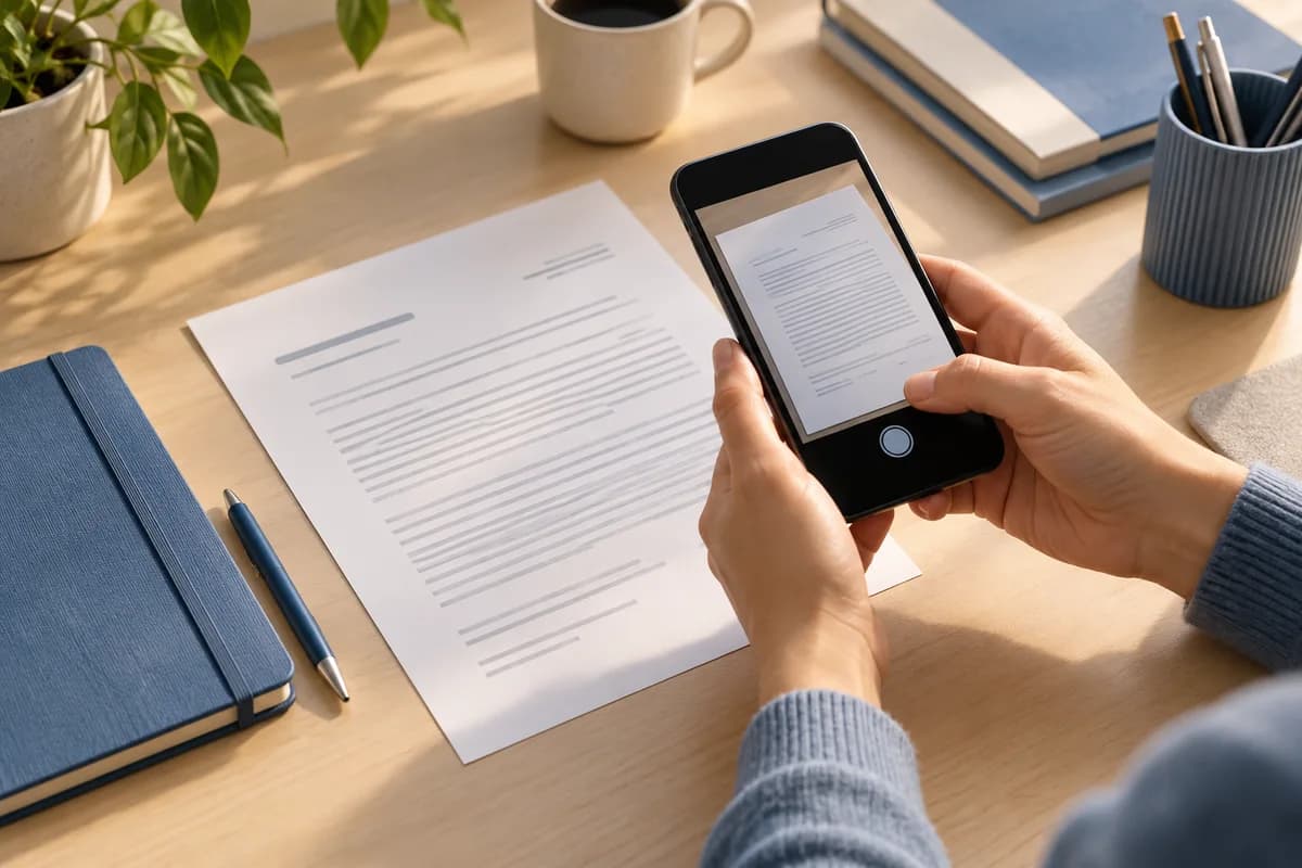 Illustrative smartphone scanning a paper document on a desk