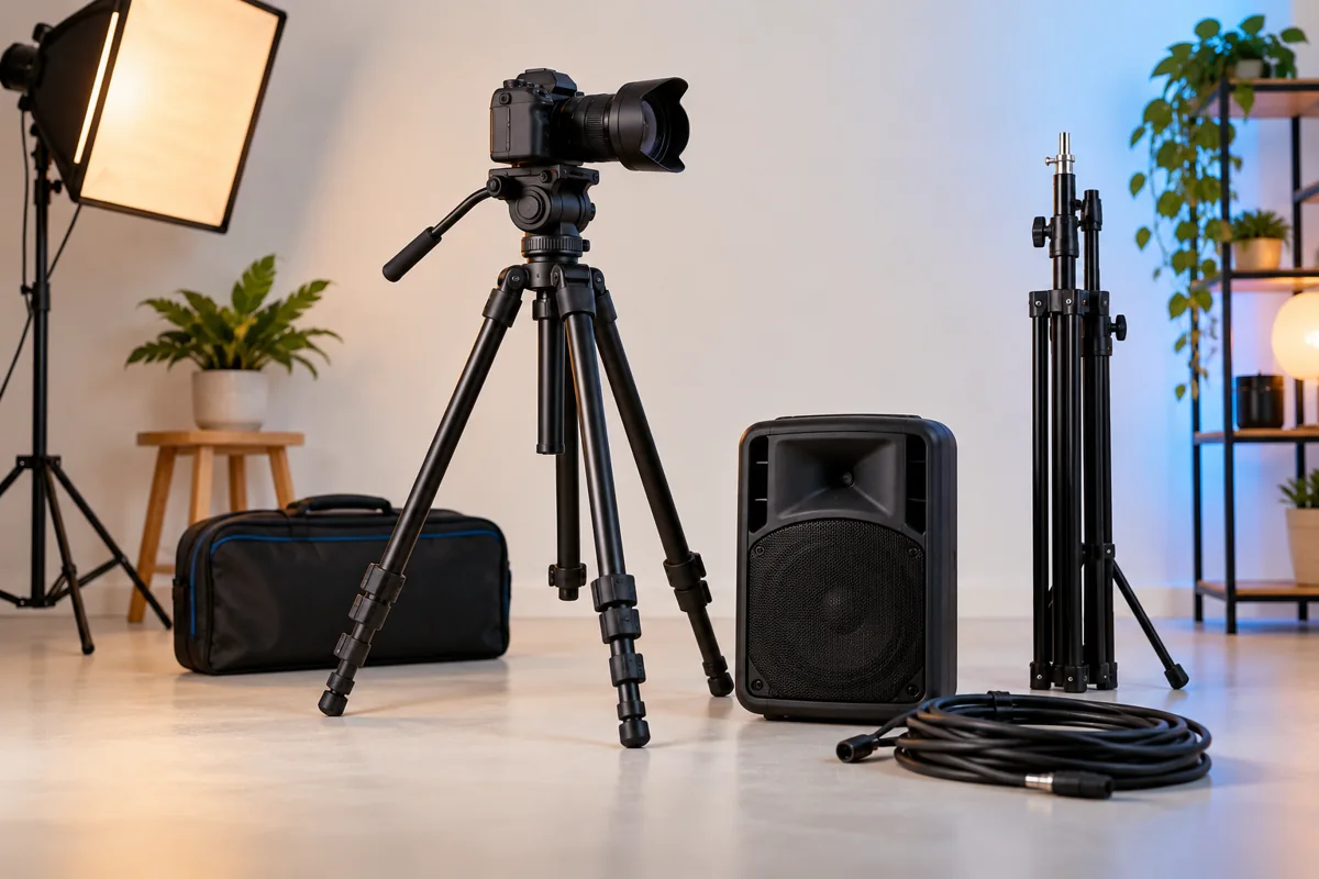 Illustrative camera, tripod, lighting and speaker equipment