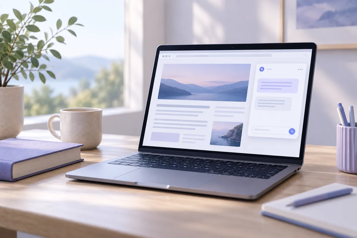 Illustrative browsing workspace with abstract article and chat layouts