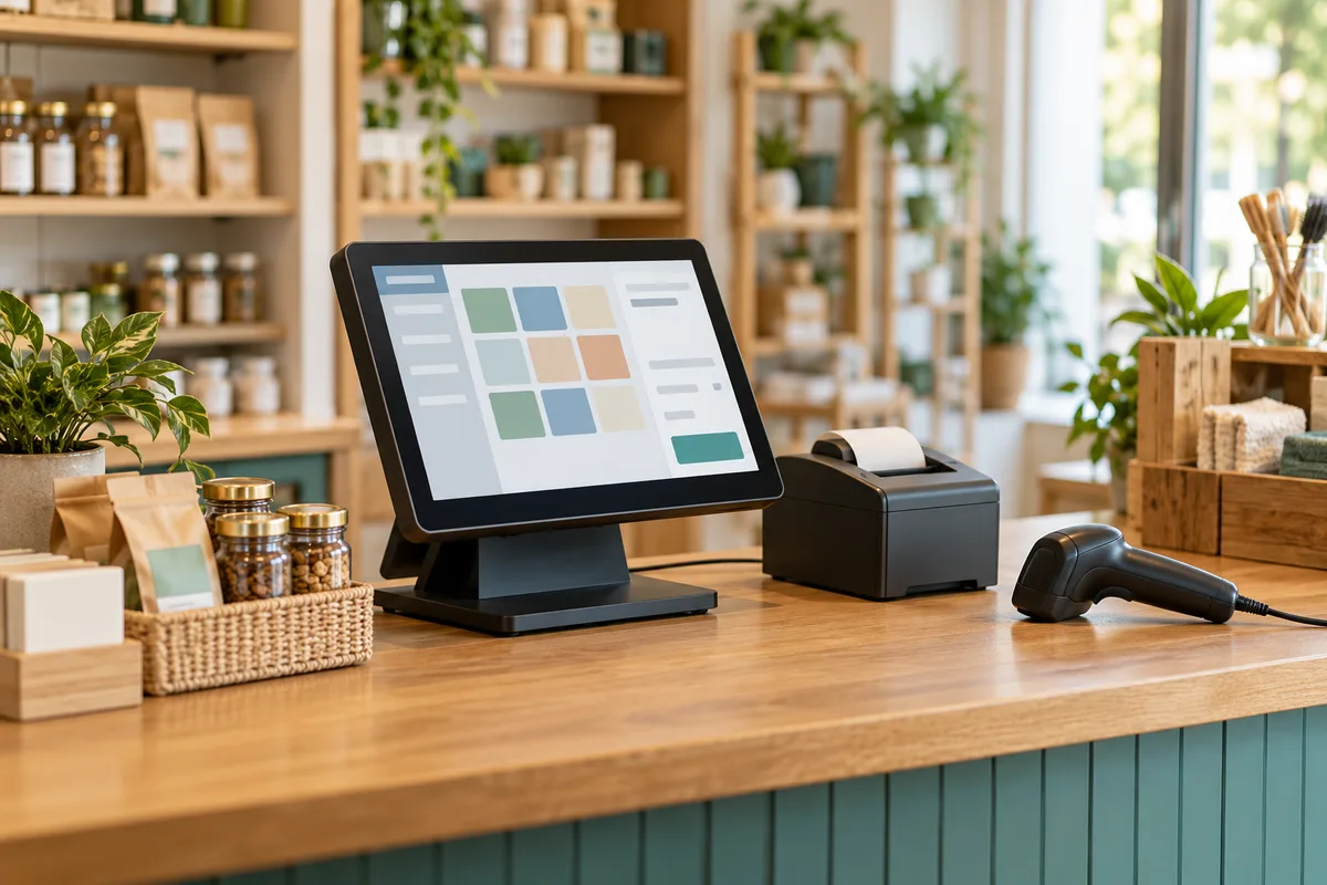 Illustrative retail counter with an unbranded till, receipt printer and scanner