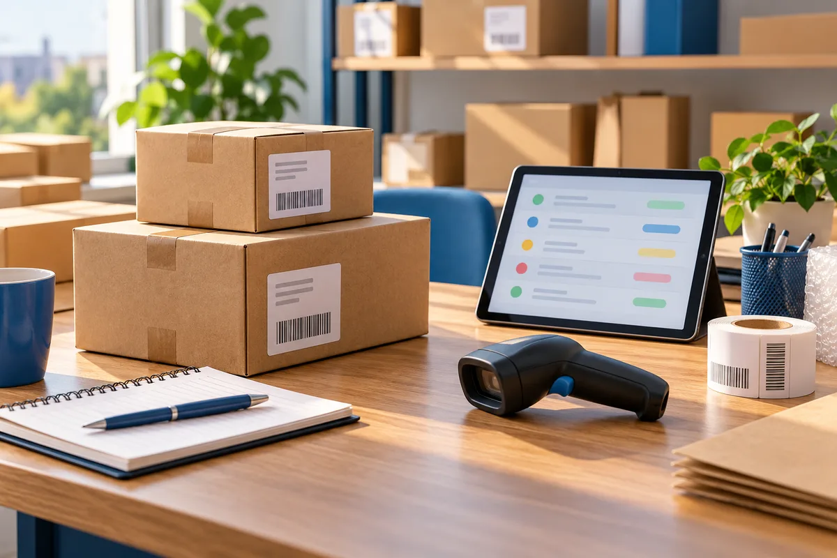 Illustrative packing desk with parcels, a notebook and a tablet