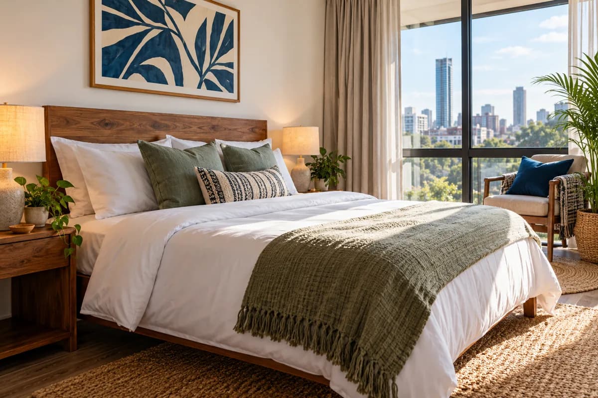 Illustrative furnished bedroom prepared for a short stay