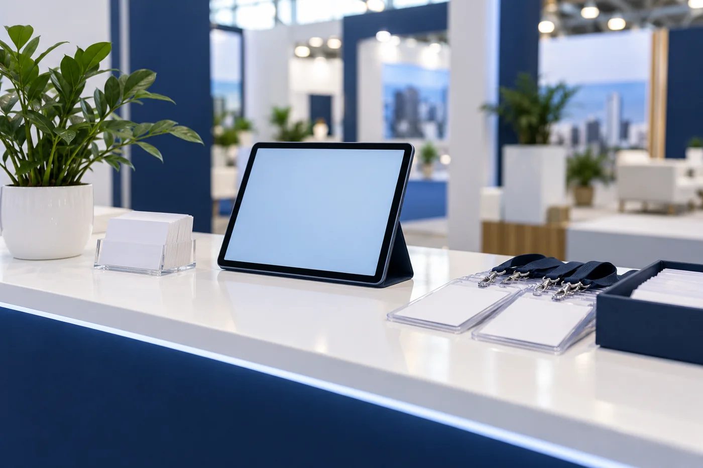 Illustrative visitor reception desk with a tablet, blank badges and business cards