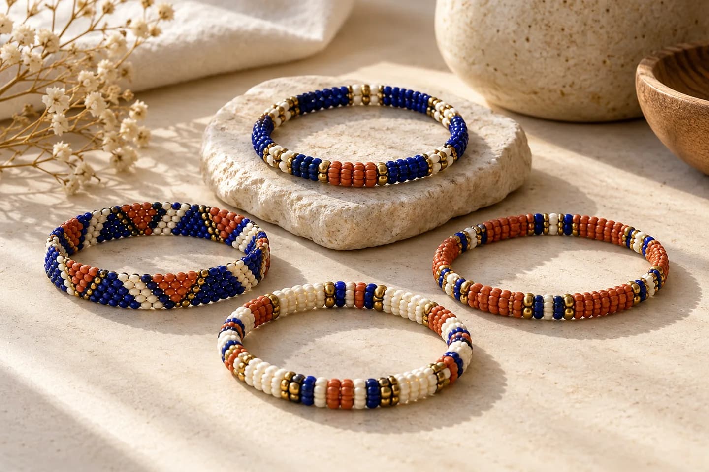 Original product illustration of colourful beaded bracelets on a pale stone display