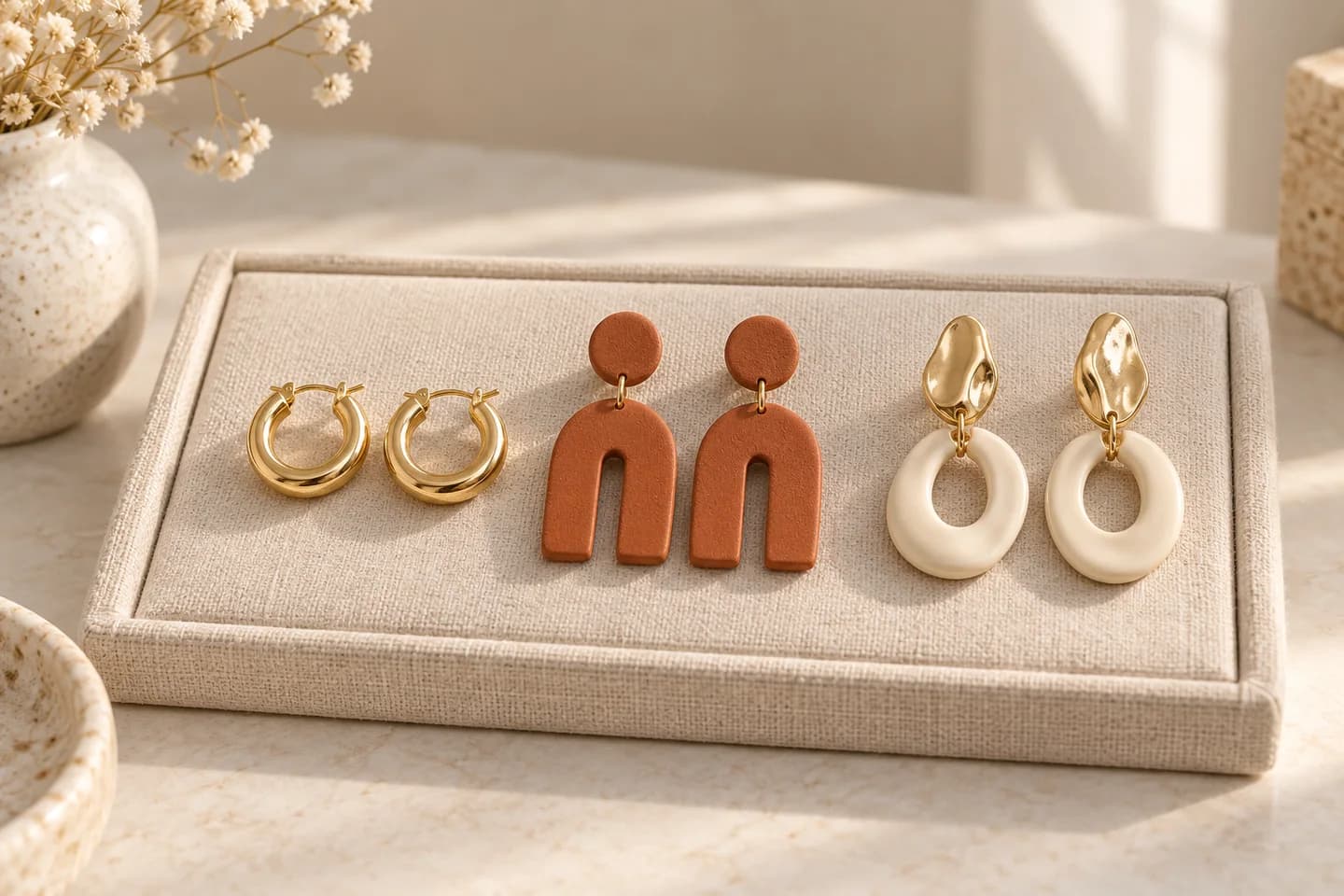 Original product illustration of hoops and geometric drop earrings arranged in pairs