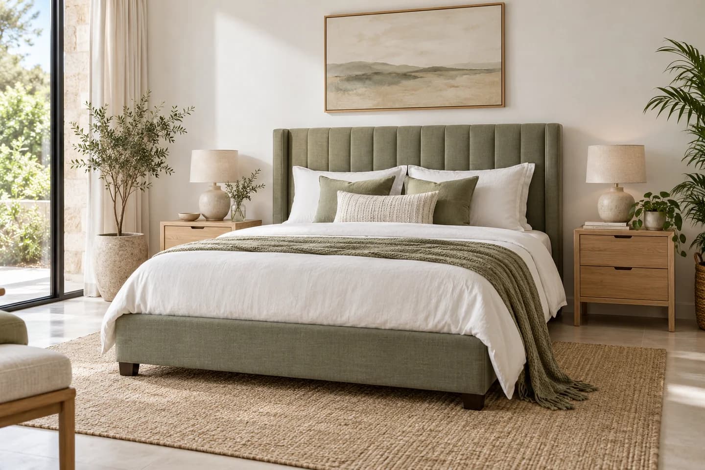 Furniture inspiration: sage upholstered bed with pale oak bedside tables