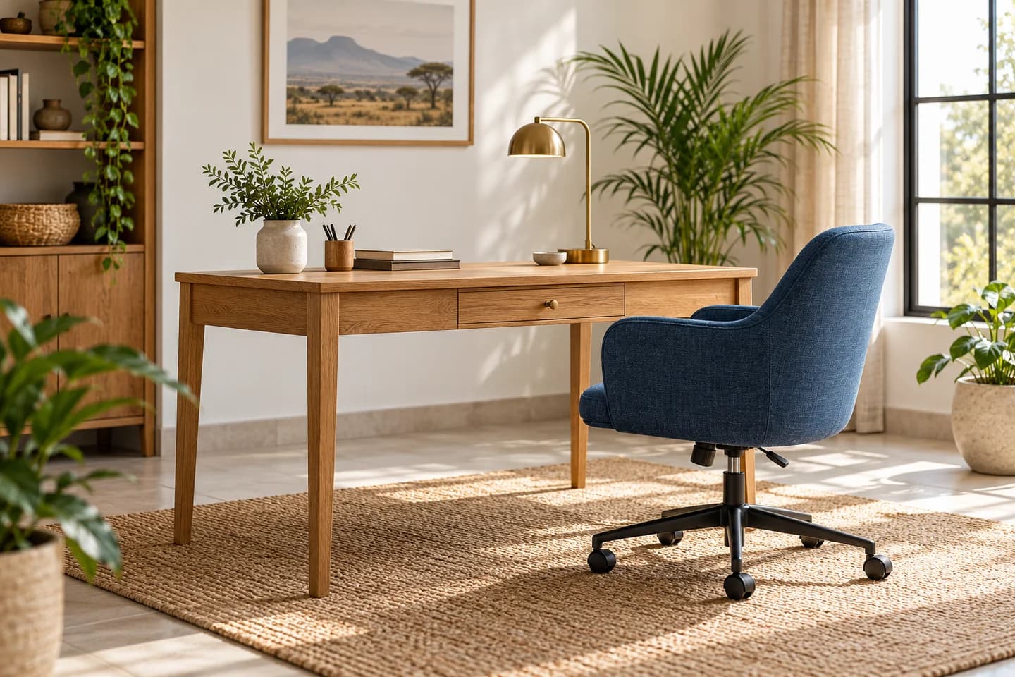Furniture inspiration: oak work desk and blue upholstered office chair