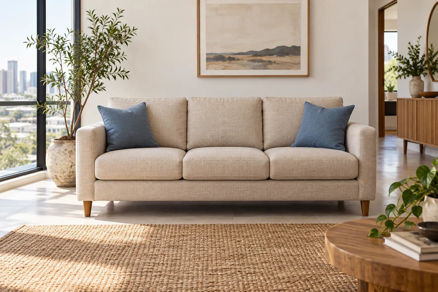 Furniture inspiration: oatmeal three-seat sofa with blue cushions in a bright living room