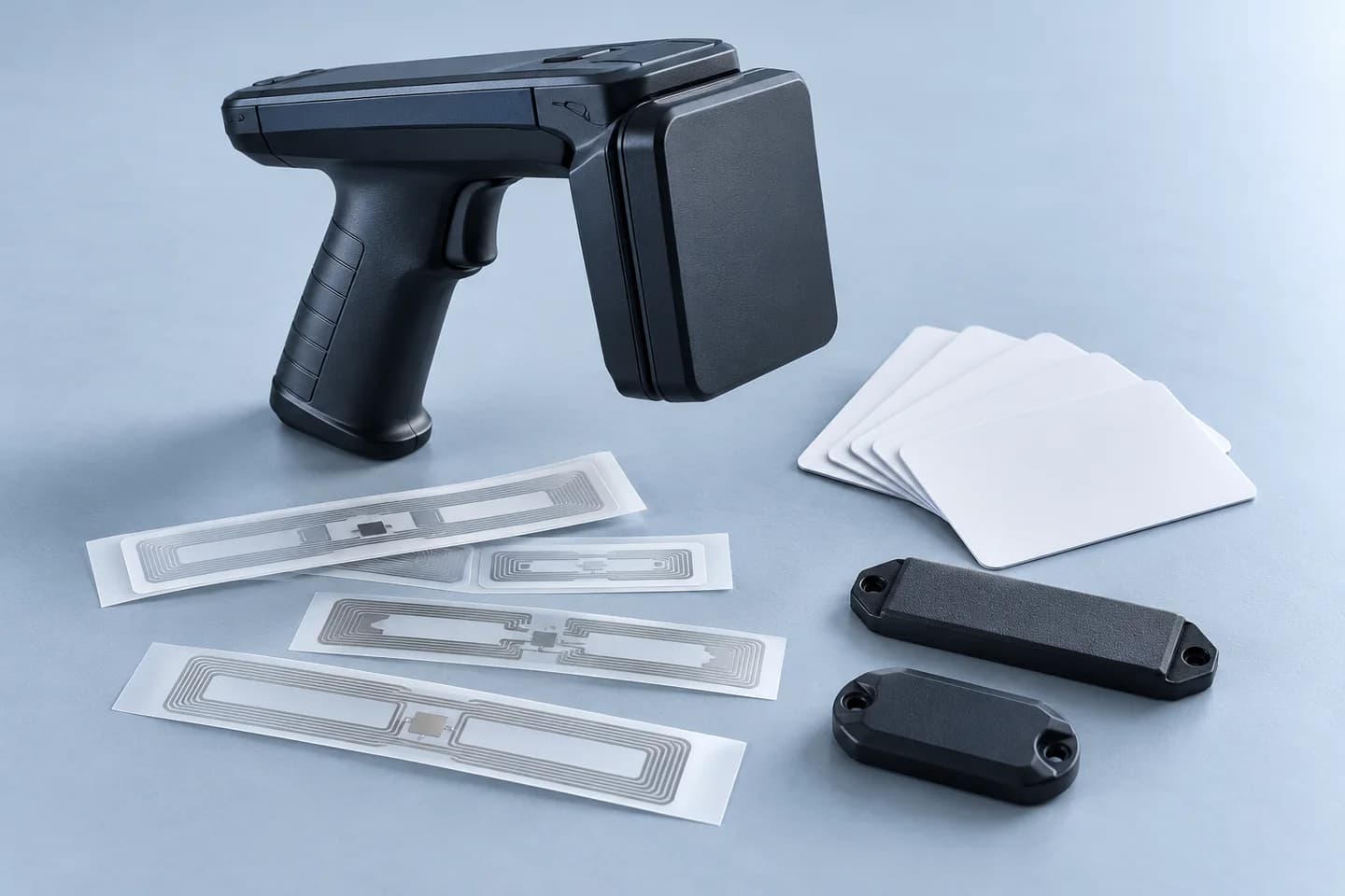 Original illustration of RFID reader hardware, cards, inlays and asset tags