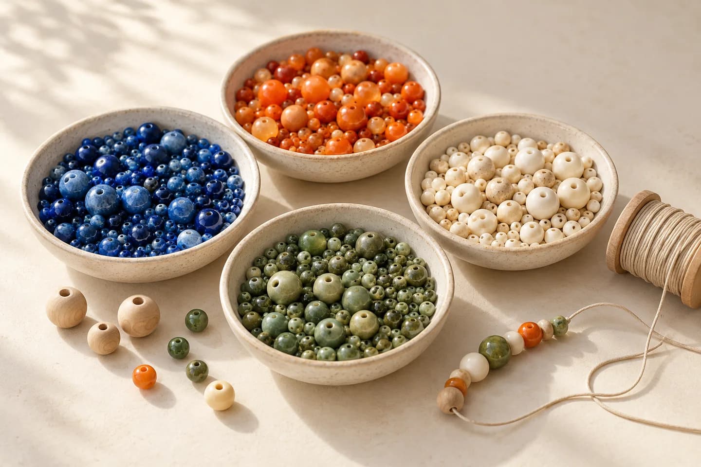 Original product illustration of colourful loose beads, cord and a partially strung strand