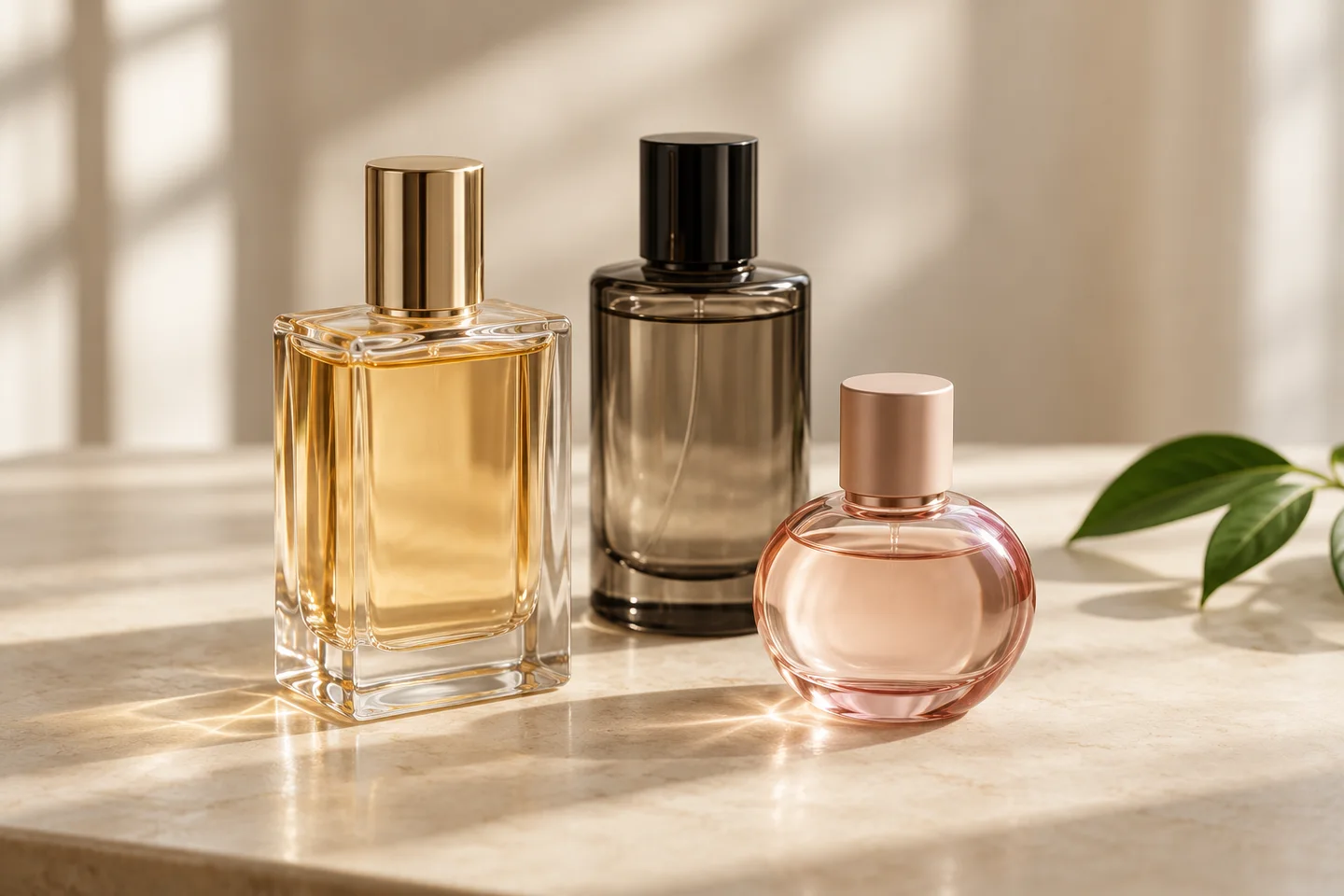 Original product illustration of three unbranded glass fragrance bottles