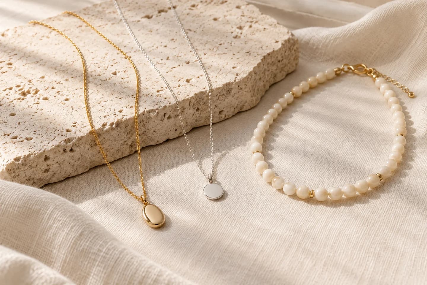 Original product illustration of pendant necklaces and a cream beaded strand on linen