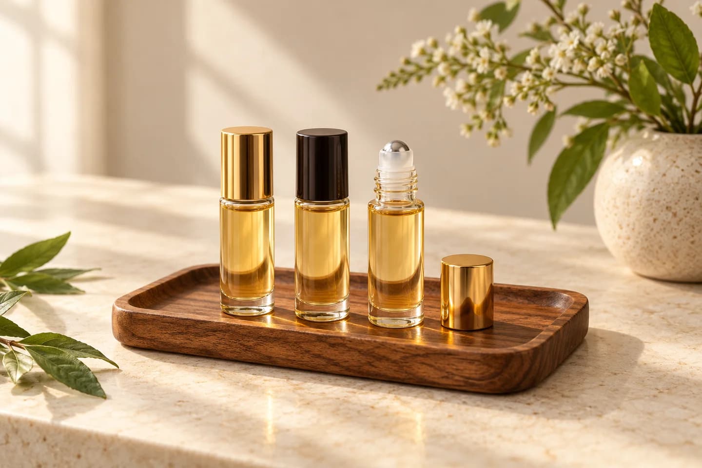 Original product illustration of small perfume-oil bottles with a roller-ball applicator